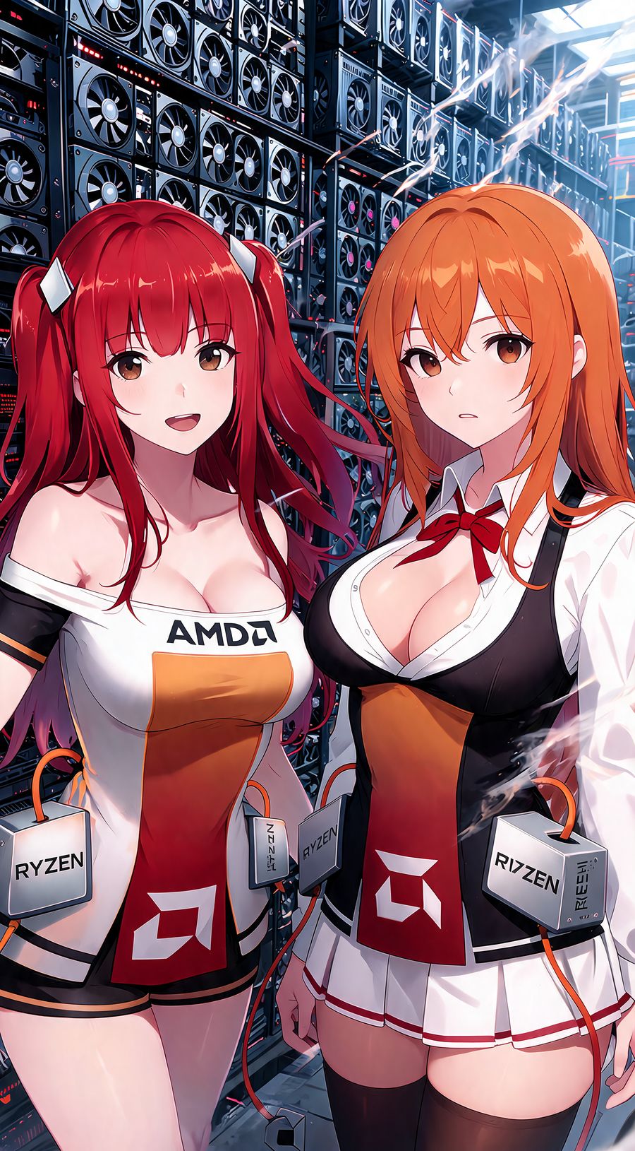 Ryfa and Zenka in front of a wall of graphics cards