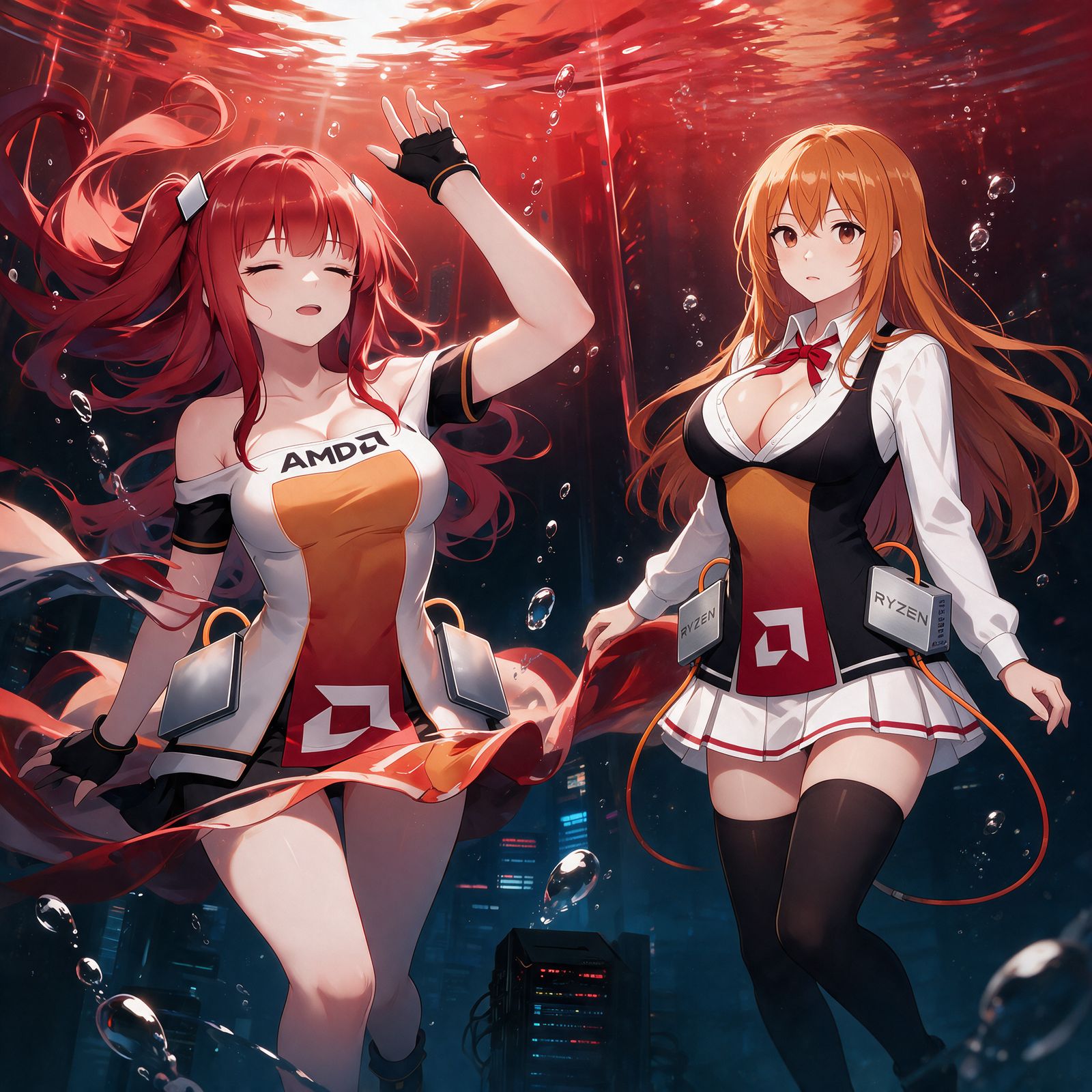 Ryfa and Zenka underwater in red coolant